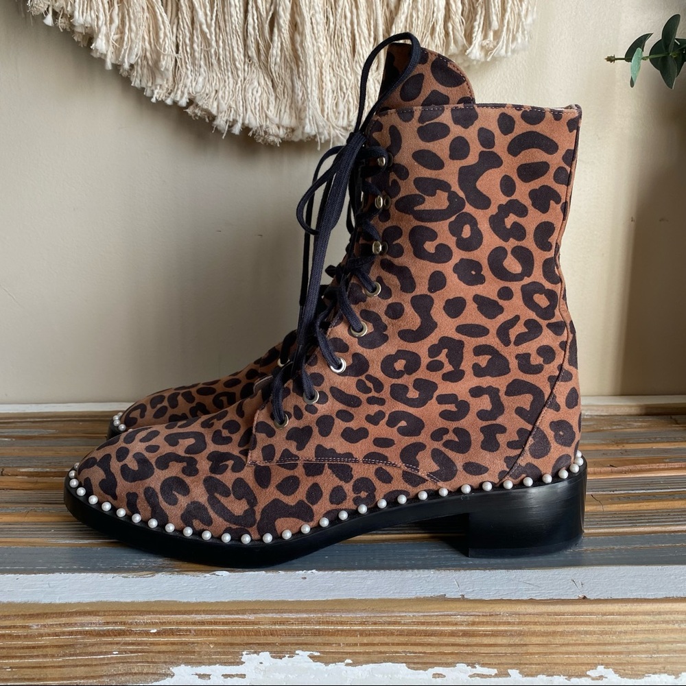 Stuart Weitzman Sondra Faux Pearl-embellished Leopard Print Suede Ankle Boots
